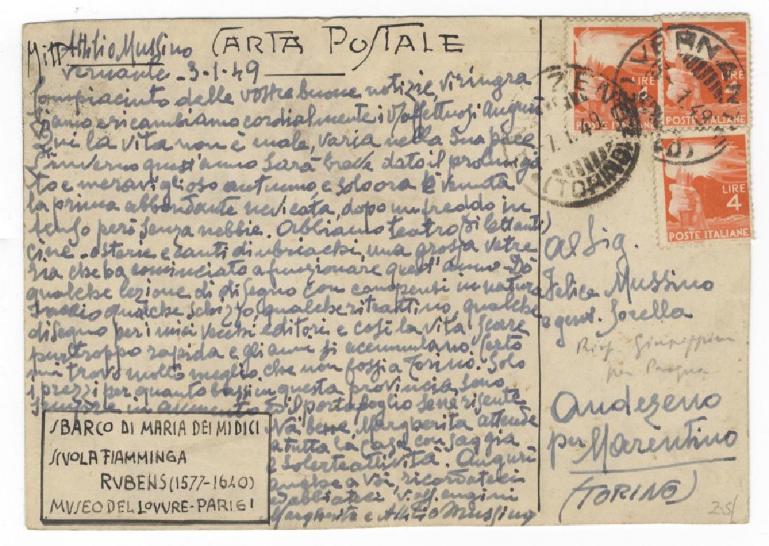 Mussino, Cartolina postale viaggiata, autografa: Mussino Attilio, Cartolina postale viaggiata, autografa firmata, inviata a Felice Mussino. Datata 3 gennaio 1949 Manoscritto a inchiostro blu. Dimensioni: 100x148 mm.
