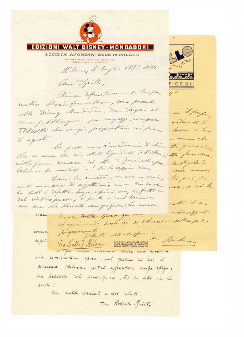 Rubino, 2 lettere autografe firmate: Rubino Antonio, 2 lettere autografe firmate inviate all'illustratore Roberto Sgrilli. Datate 1934-1935 Manoscritti a inchiostro nero. 2 carte, scritte 3 pagine. Su carta intestata “Edizioni