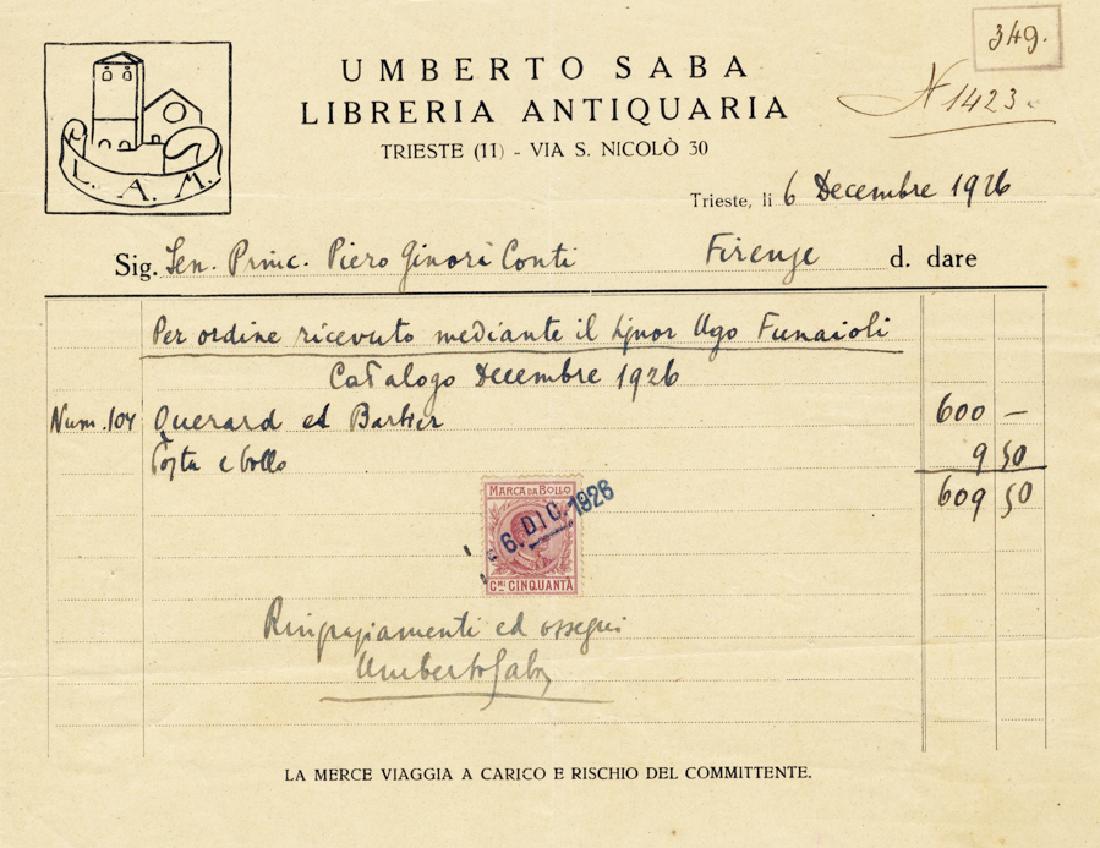Saba, Ricevuta di pagamento con annotazione: Saba Umberto, Ricevuta di pagamento con annotazione e firma autografa. Datata 6 dicembre 1926 Manoscritto a inchiostro marrone scuro. 1 carta scritta al recto con intestazione “Umberto Saba