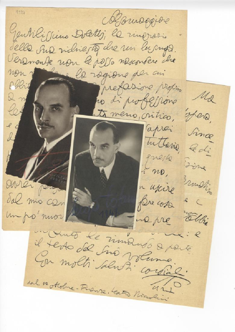 Tofano, Lettera autografa firmata: Tofano Sergio, Lettera autografa firmata, insieme a 1 lettera dattiloscritta con firma autografa inviate a Mino Doletti e 2 foto-cartoline con firme autografe Non datate, ma anni '20. “[&he