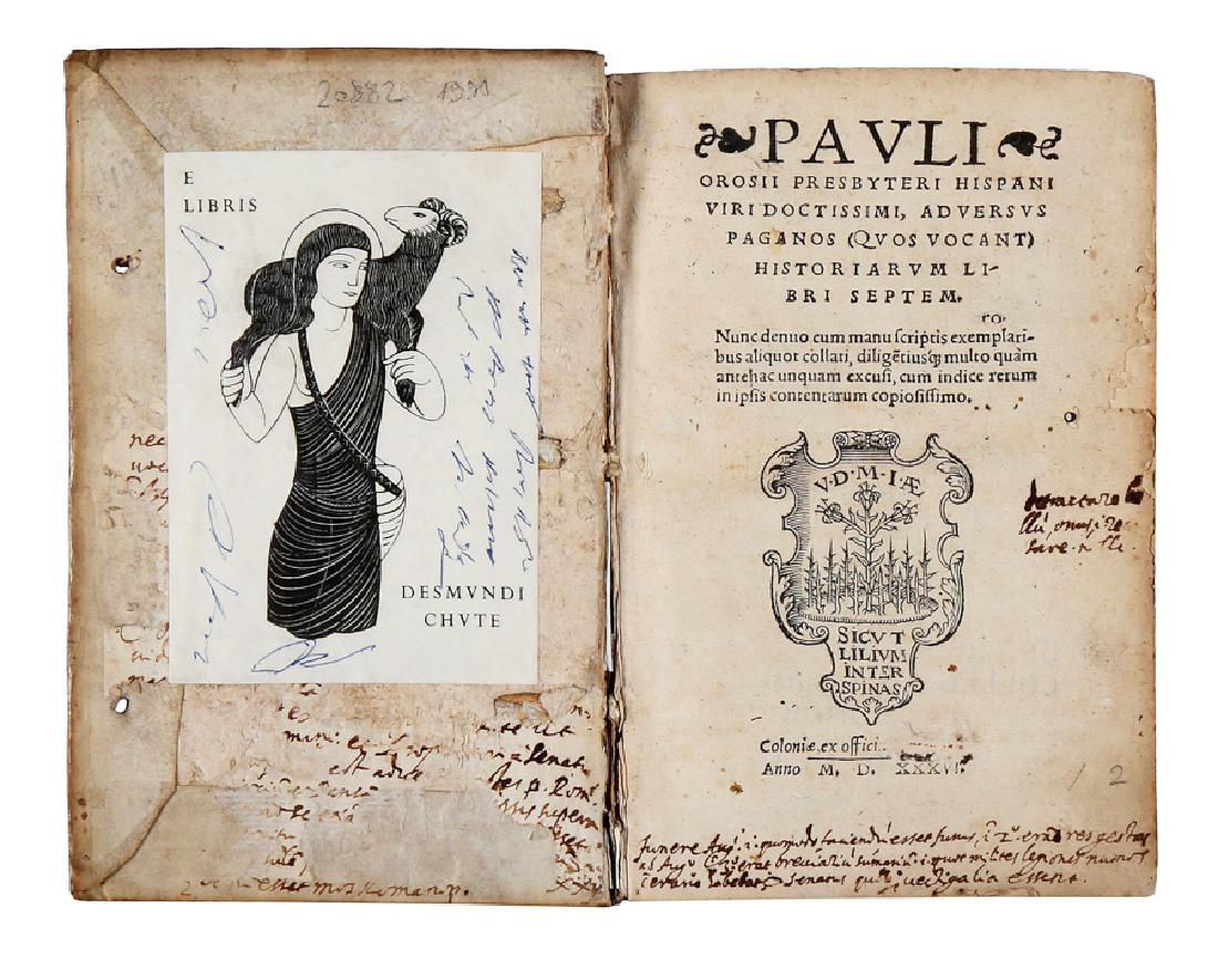 Orosius, Adversus paganos. 1536: Orosius Paulus, Presbyteri Hispani viri doctissimi, Adversus paganos... Coloniae: ex officina Eucharij, 1536. In-8° (mm 160x100). Pagine [72], 567, [1]. Frontespizio con forellini di ta