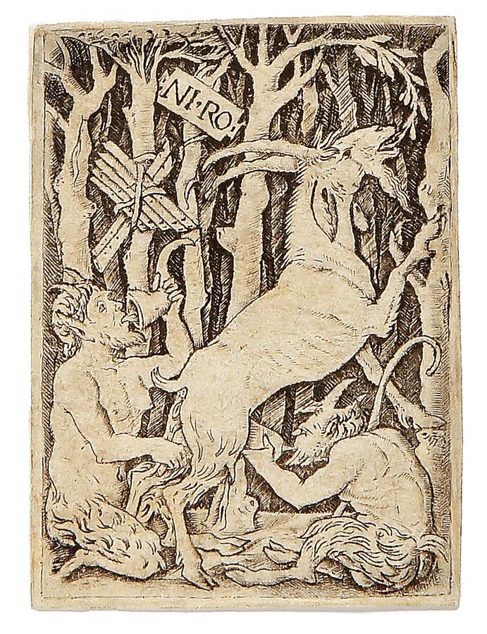 Nicoletto da Modena, Due satiri...: Nicoletto Rosex (detto Nicoletto da Modena), Due satiri allattati da una capretta. 1510 ca. Bulino. mm 72x52. Foglio: mm 74x54 . Hind (Early Italian engraving), 80. TIB, 77. Nella tabella sull'al