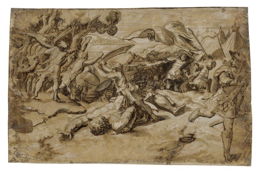 da Carpi, Decollazione di Golia: Ugo da Carpi, Decollazione di Golia. Xilografia a tre legni. mm 265x407. Bartsch, 8. Da un disegno di Raffaello per le logge Vaticane, come riportato dal Vasari nella Vita di Marcantonio Raimondi