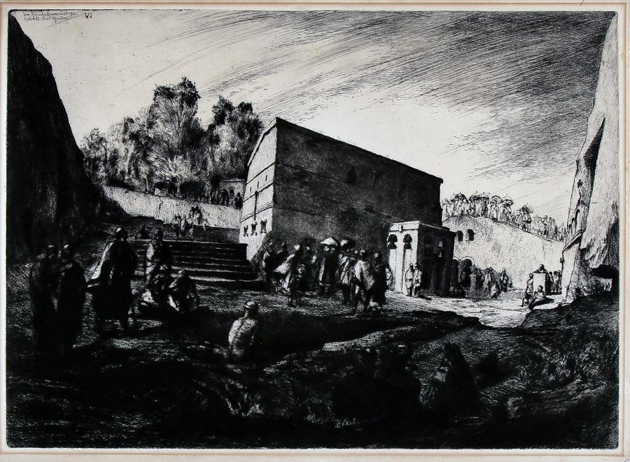 Bianchi Barriviera, Chiesa di Maryàn, 1941: Lino Bianchi Barriviera, Veduta della chiesa di Maryàn da nord-est. 1941. Acquaforte e puntasecca. mm 355x495. Foglio: mm 380x510. Bianchi 337. II stato/3, realizzato nel 1943 con l'aggiunta del