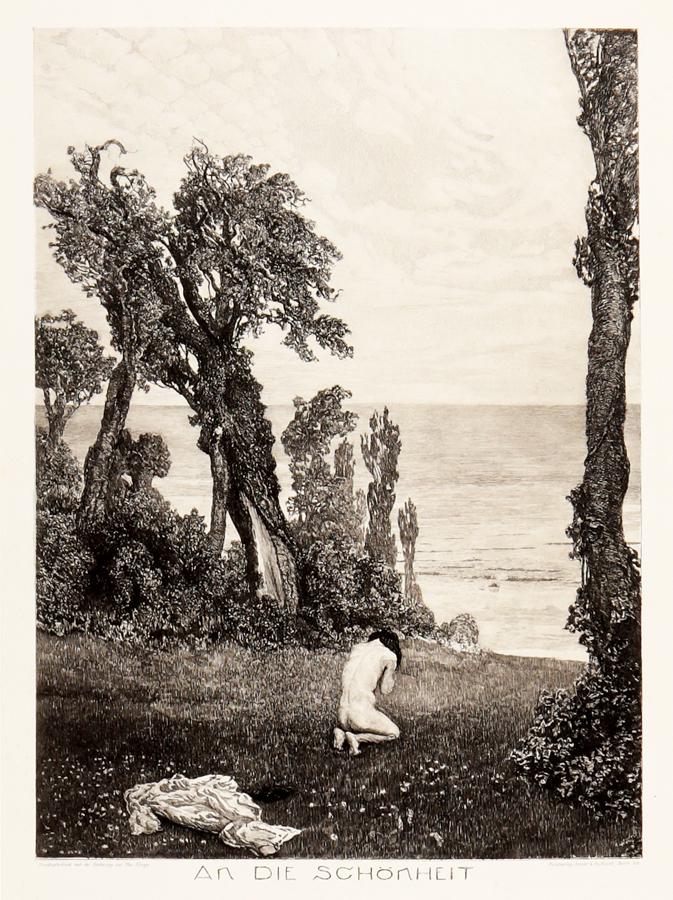 Klinger, An die Schönheit (Alla bellezza), 1900: Max Klinger [da], An die Schönheit (Alla bellezza). Fotoincisione su rame. Lastra: mm 445x330. Inciso: mm 350x255. Foglio: mm 505x400. In basso a sinistra: "Handkupferdruck nach d