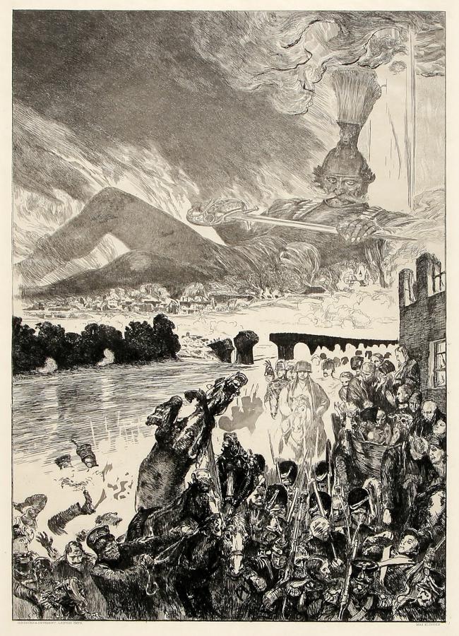 Klinger, Krieg (Guerra), 1910: Max Klinger, Krieg (Guerra). 1910. Acquaforte. mm 450x320. Foglio: mm 610x460. Singer 235. Sotto ai lati "Giesecke & Devrient Leipzig Impr. - Max Klinger". Tavola VI dal ciclo Vom