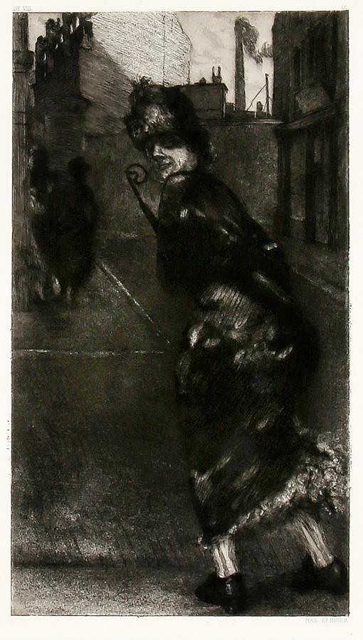 Klinger, Auf der Strasse (Sulla strada), 1891: Max Klinger, Auf der Strasse (Sulla strada). 1884. Acquaforte e acquatinta. mm 293x177. Foglio: mm 630x450. Singer 135, V/VI. In basso a destra stampato "Max Klinger". Tavola IX al cicl