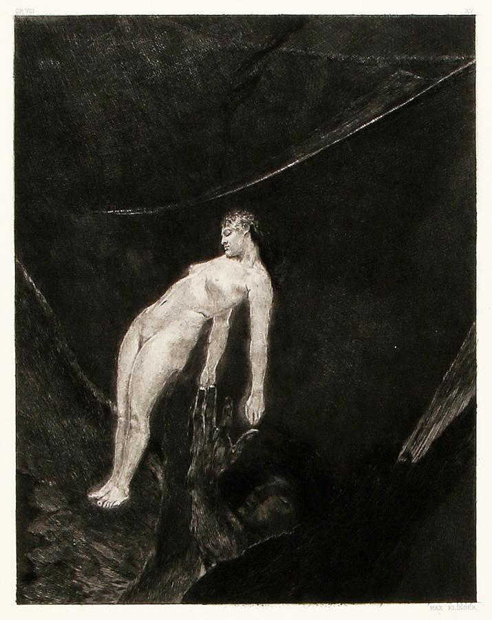 Klinger, Ins Nichts zurück, 1891: Max Klinger, Ins Nichts zurück (Ritorno nel nulla). 1884. Acquaforte e acquatinta. mm 293x248. Foglio: mm 630x450. Singer 141, V/VI. In basso a destra stampato "Max Klinger". Tavola XV