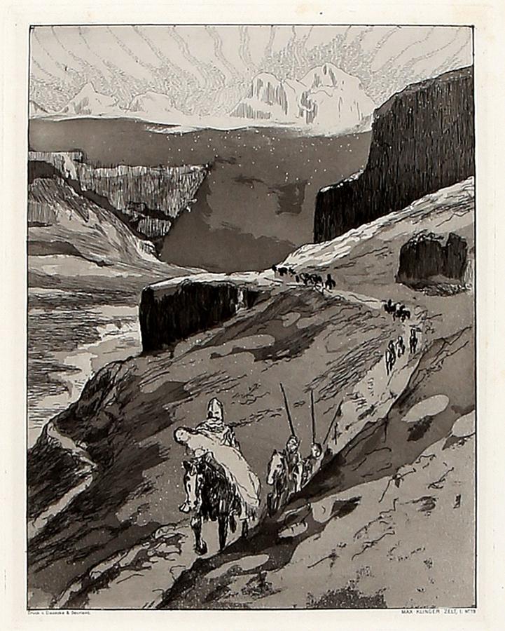 Klinger, 2 tavole dal ciclo Zelt (La tenda), 1915: Max Klinger, Due tavole dal ciclo Zelt (La tenda). 1915. Durch Gebirge (Attraverso le montagne). Acquaforte e acquatinta. mm 230x180. Foglio: mm 585x400. Beyer 350, II/II. Bergsturz (Valanga). Ac