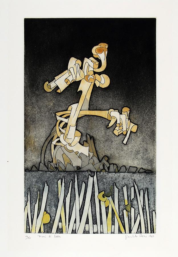 Pozzi e altri, Fiori di latta, 1968: Giancarlo Pozzi e altri, Fiori di latta. 1968. 1) Giancarlo Pozzi, Fiori di latta.1968. Acquaforte e acquatinta a colori. mm 395x245. Foglio: mm 595x485. Firmata e datata a matita in ba