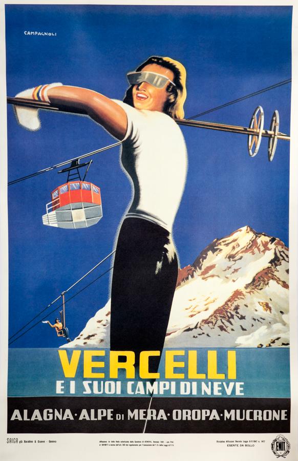 [Vintage posters] Campagnoli, 1950: Adalberto Campagnoli, Vercelli e i suoi campi da neve. Anni 50-60. Offset. mm 970x620. Firmato in alto a sinistra. In basso a sinistra dati editoriali.