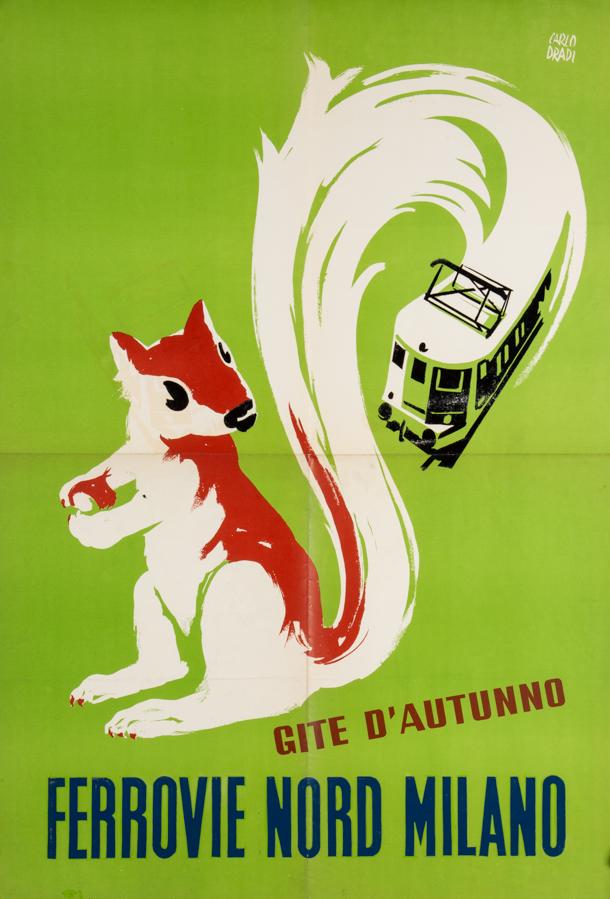 [Vintage posters] Dradi, 1960: Carlo Dradi, Lotto di 2 manifesti per le ferrovie di Milano. Anni 60-70. 1) Ferrovie Nord Milano - Gite d'autunno. Offset. mm 990x680. Firmato in alto a destra. 2) Ferrovie Nord Milano - La ferro