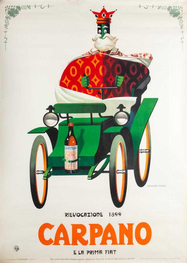 [Vintage posters] Testa, 1954: Armando Testa, Carpano e la prima Fiat. 1954. Litografia a colori. mm 1410x1010. Firmata in basso a destra. Sotto, impresso a sinistra: "Arti Grafiche F.lli Pirovano Milano" e a destra: