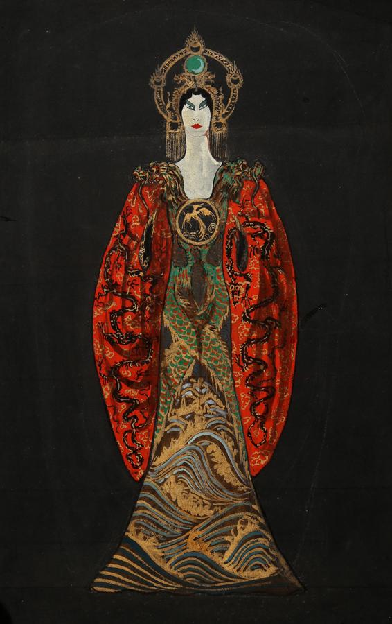 Bozzetto per Turandot: Anonimo del XX secolo, Bozzetto per Turandot. Tempera colorata su carta nera. mm 498x325. 