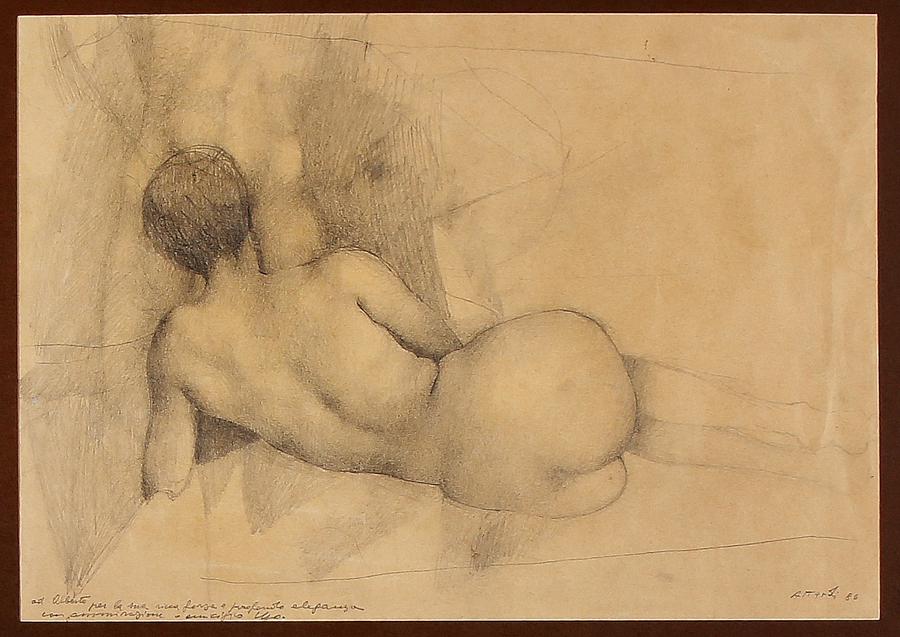Attardi, Nudo femminile sdraiato, 1986: Ugo Attardi, Nudo femminile sdraiato. 1986. Matita di grafite su carta. mm 243x345. Firmato e datato a matita in basso a destra, dedicato in basso a sinistra: "Ad Alberto per la sua ricca fo