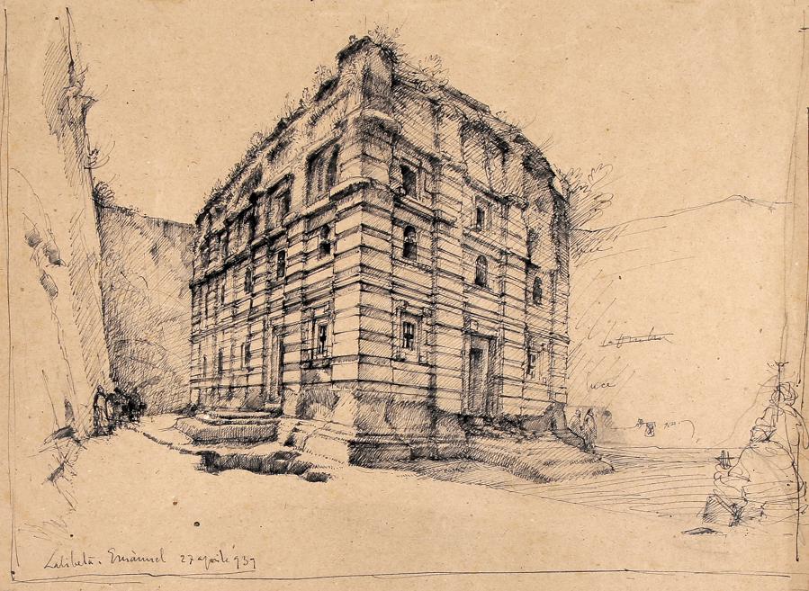 Bianchi Barriviera, Disegno preparatorio, 1939: Lino Bianchi Barriviera, Disegno preparatorio per l'incisione Veduta della chiesa di Amànu'el da nord-ovest. 1939. Penna e inchiostro di china su carta avana. mm 360x480. In basso a sinistra tit