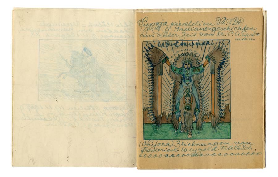 Sermoskin, Album sugli indiani Sioux, 1958: Ivan Sermoskin, Album di scritti e disegni sugli indiani Sioux. 1958. Quaderno di Pagine [46] contenente pagine manoscritte e molti disegni a penna in inchiostro blu più uno acquerellato r