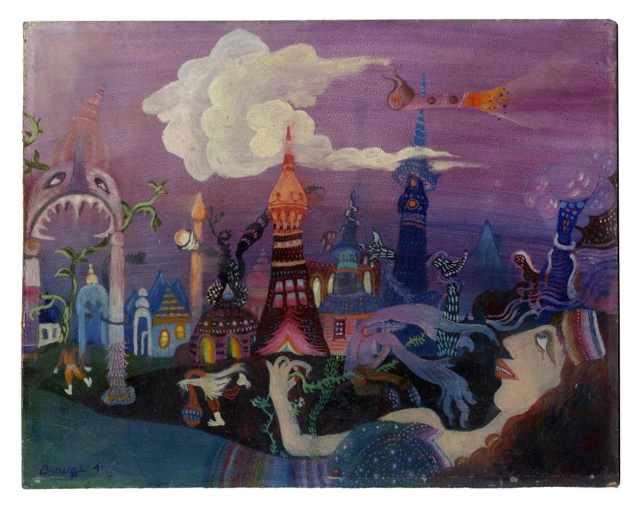 Brauge, Scena fantastica, 1969: Anne-Marie Brauge, Scena fantastica con figura femminile e palazzi orientali. 1969. Olio su masonite. cm 24,5x31. Firmato e datato in basso a sinistra. Al verso etichetta recante scritto &q