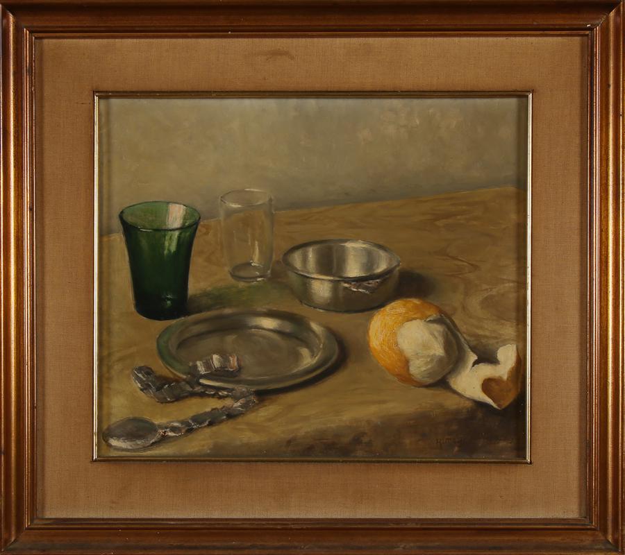 Maury, Natura morta con limone, 1960: Richard Maury, Natura morta con limone. 1960. Olio su tela applicata a masonite. cm 27,5x32,2. Firmato e datato in basso a destra: "R. Maury 30/5/60".