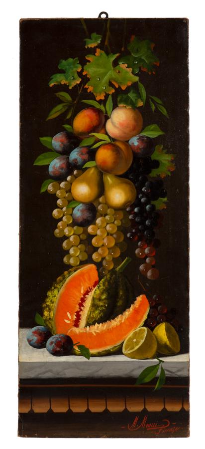 Meucci, Natura morta con uva: Michelangelo Meucci, Natura morta con uva. Olio su tela. cm 100,3x40. Firmato in basso a destra: "M Meucci Firenze".