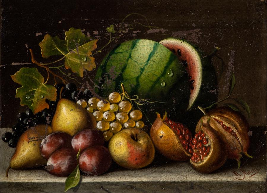 Meucci, Natura morta con cocomero e frutta: Michelangelo Meucci, Natura morta con cocomero e frutta. Olio su tela. cm 32,5x43,5. Firmato in basso a destra.