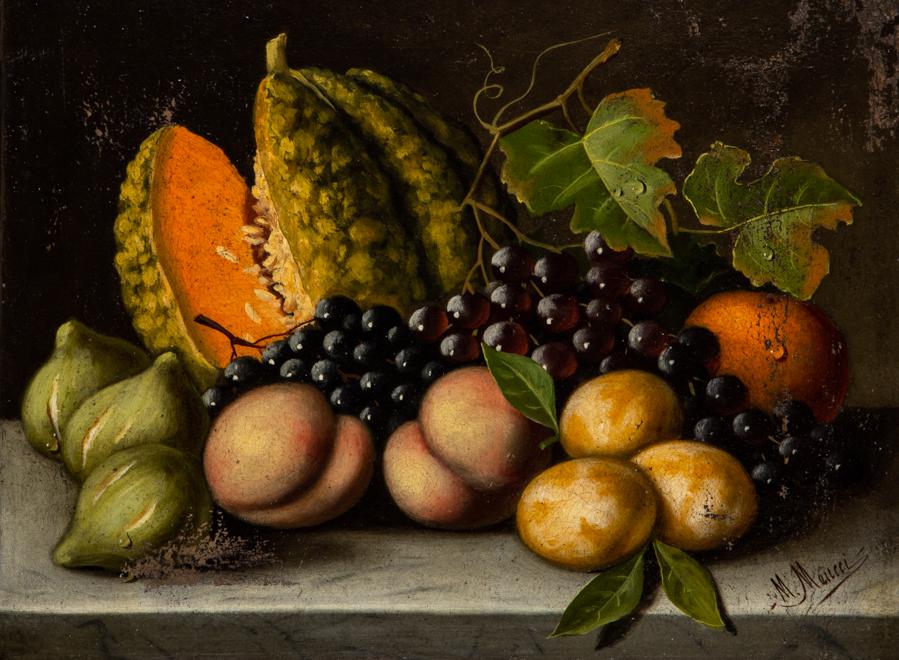 Meucci, Natura morta con zucca e frutta: Michelangelo Meucci, Natura morta con zucca e frutta. Olio su tela. cm 32,5x43. Firmato in basso a destra.