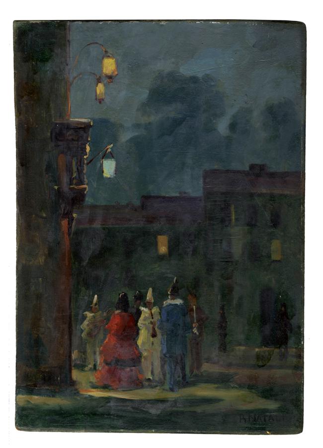 Natali, Notturno con maschere (Carnevale): Renato Natali, Notturno con maschere (Carnevale). Olio su tavoletta. cm 40,5x28,5. Firmato in basso a destra: "R. Natali". Al verso titolato: "Carnevale".