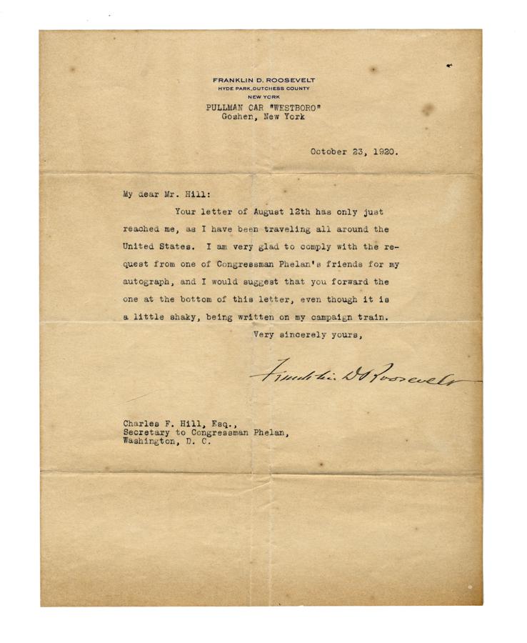 Roosevelt, Lettera dattiloscritta con firma: Roosevelt Franklin Delano, Lettera dattiloscritta con firma autografa. Datata 23 ottobre 1920. Dattiloscritto e firma a inchiostro nero su carta intestata dell’autore. Dimensioni: 277x215 m