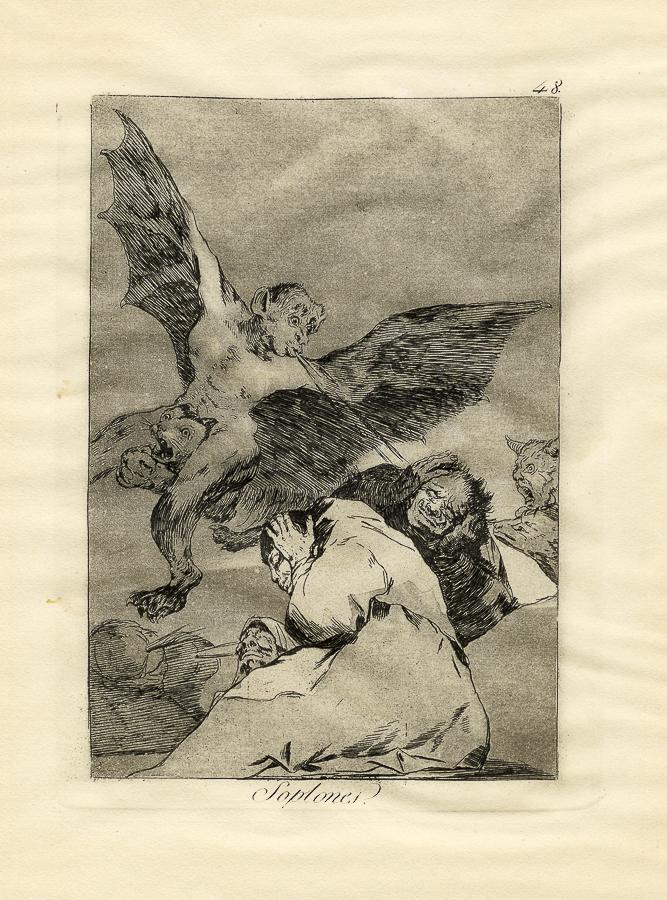 Goya y Lucientes Francisco, Soplones. 1799: Goya y Lucientes Francisco, Soplones. 1799 Acquaforte e acquatinta brunita. mm 205x150. Foglio: mm 345x245. Harris, 83 . Con il titolo al margine inferiore ed il numero in alto a destra. Quaranto