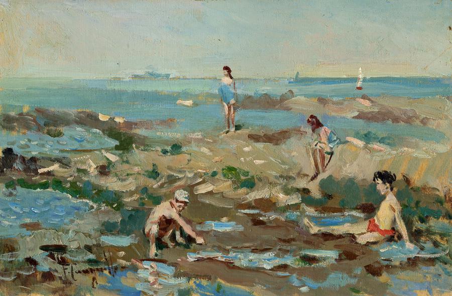 Cangiullo Francesco, Lotto di 2 dipinti.: Cangiullo Francesco, Lotto di 2 dipinti. 1) Amalfi. Olio su tavoletta. cm 20x30. Firmato in basso a sinistra. Firmato e titolato al verso. 2) Bimbi al mare. Olio su tavoletta. cm 20x30. Firmato i