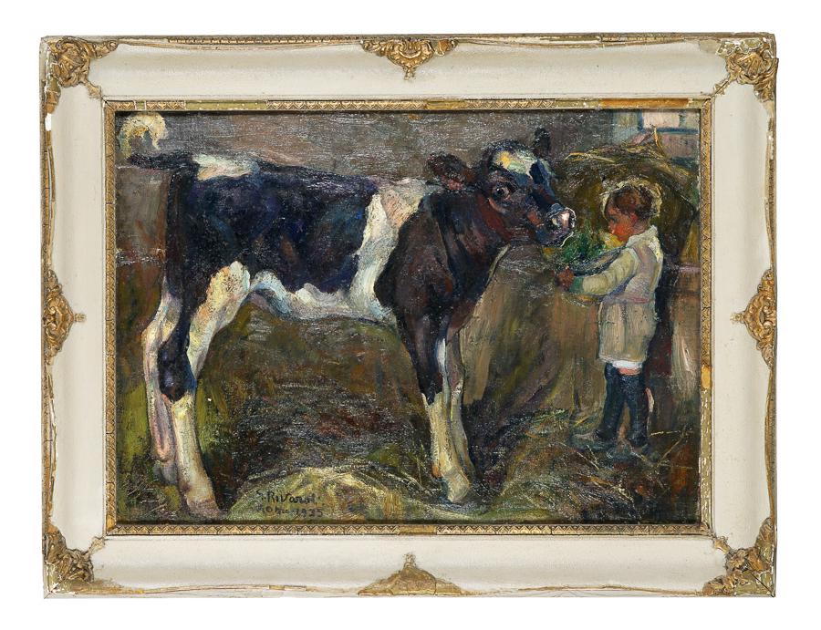 Rivaroli Giuseppe, Bambino con vitello. 1935: Rivaroli Giuseppe, Bambino con vitello. 1935 Olio su tela. cm 50x70. Firmato e datato in basso a sinistra "G. Rivaroli Roma 1935".