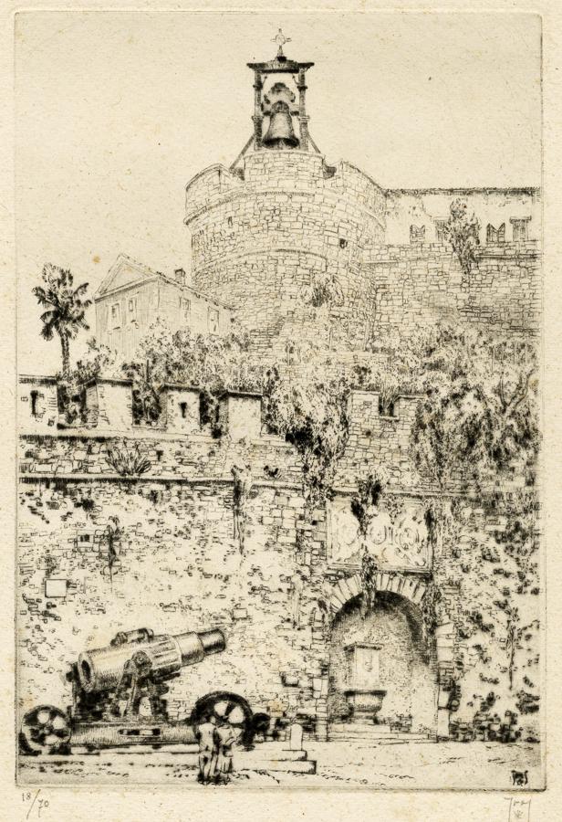 Baldessari Roberto, Il castello di Rovereto...: Baldessari Roberto Marcello, Il castello di Rovereto con la Campana dei caduti. 1930 ca. Acquaforte. mm 255x176. Foglio: mm 492x350. Siglato a matita in basso a destra, numerato a matita in basso
