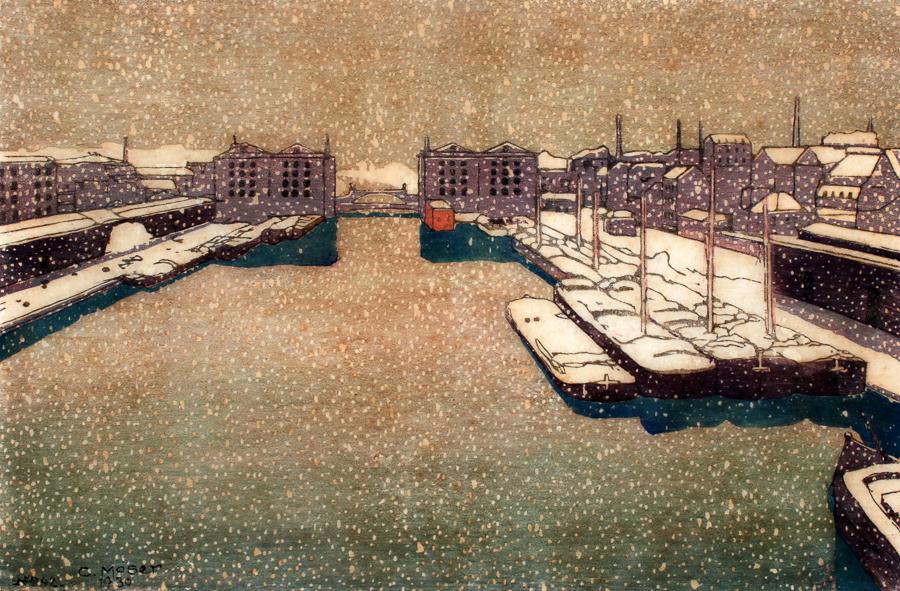 Moser Carl, Canale in inverno. 1930: Moser Carl, Canale in inverno. 1930 Xilografia a colori su carta Japon. mm 302x450. Firmata, datata e numerata a penna (?) in basso a sinistra: "N. 42 C. Moser 1930".