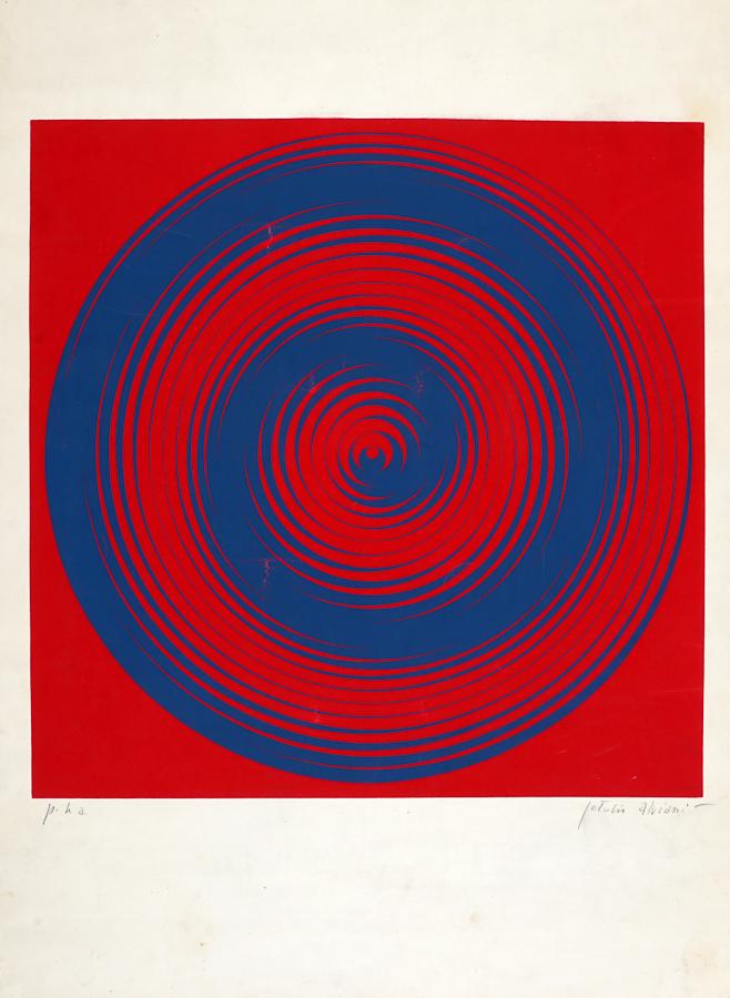 Autori vari, Lotto composto di 4 incisioni.: Autori vari, Lotto composto di 4 incisioni. 1) Getulio Alviani, Senza Titolo. Litografia ripassata a tempera. mm 446x445. Foglio: mm 689x495. Firmata a matita di grafite in basso a destra e iscr