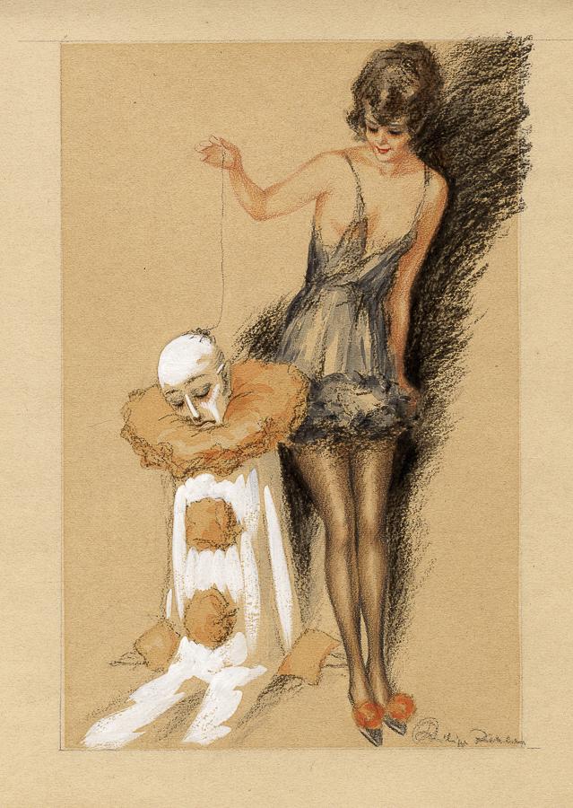 Zehbe Philipp, Figura femminile e maschera.: Zehbe Philipp (attivo tra il XIX e il XX secolo), Figura femminile e maschera. Matita, carboncino, pastello e tempera su cartoncino. mm 470x320. Firmato a matita in basso a destra e iscritto in b