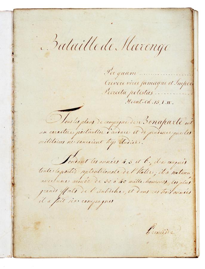 La battaglia di Marengo. XIX secolo.: La battaglia di Marengo. XIX secolo. Manoscritto cartaceo in-4° (mm 215x160). Carte [39], 1 bianca. Al contropiatto anteriore tavola applicata con riproduzione di monumento a Napoleone; legato in 