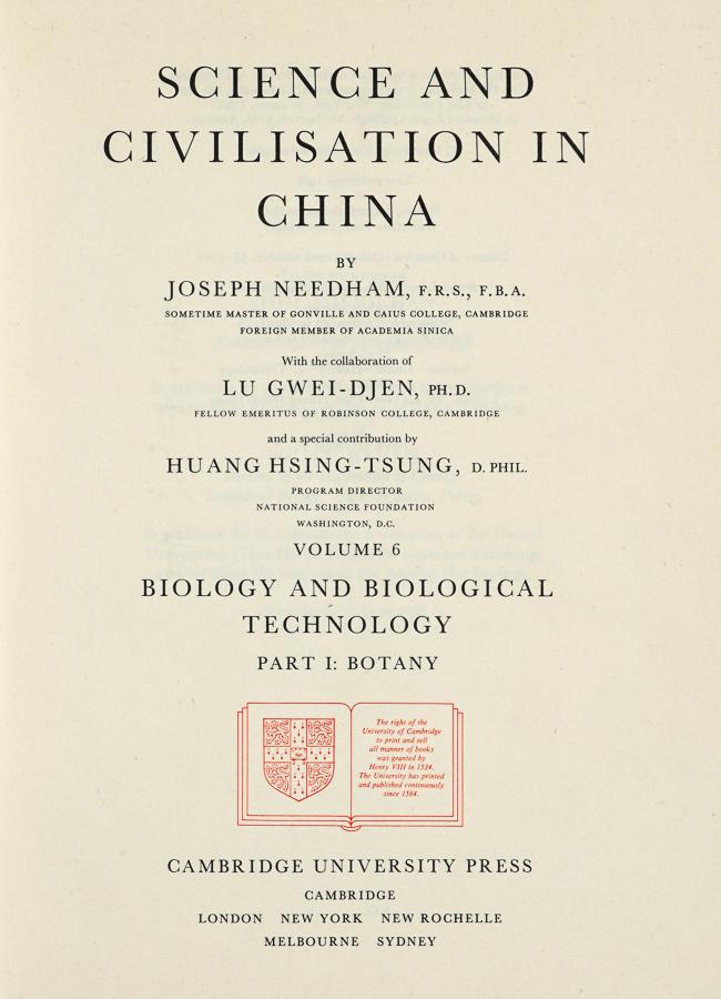[TRAVELS] Needham, Science and civilization: Needham Joseph, Science and civilization in China. Volume I (-VI part I). Cambridge: at the University Press, 1965. 11 volumi in-4° (mm 240x175). Paginazione varia, con numerose illustrazioni