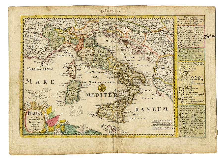 [TRAVELS] Lotto composto di 5 carte: Lotto composto di 5 carte geografiche. 1) Italien in seine unterschiede Laender eingeteilt... Incisione in rame con coloritura coeva. mm 183x265. Foglio: mm 204x280. Titolo entro piccolo cartiglio in 