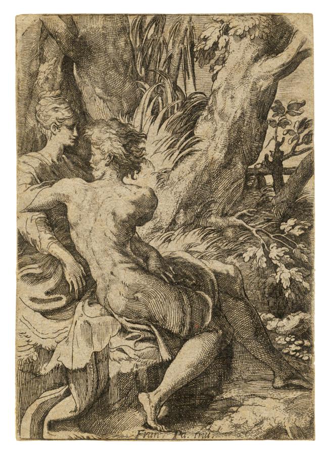 Mazzola (detto il Parmigianino) [da], Amanti.: Francesco Mazzola (detto il Parmigianino) [da], Amanti. Acquaforte. mm 149x105. Mussini/de Rubeis, 31. Sulla lastra in basso al centro "Fran. Pa. inv.". Tratta in controparte da una delle rare inci