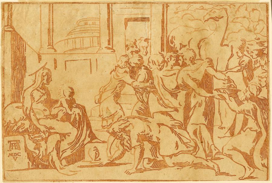 Vicentino [attribuito a], Adorazione dei Magi. 1540 ca.: Giuseppe NiccolÃ² Vicentino [attribuito a], Adorazione dei Magi. 1540 ca. Xilografia. mm 164x243. TIB 48, 2. Mussini/De Rubeis, 215. In basso a sinistra sul sedile della Vergine il monogramma di