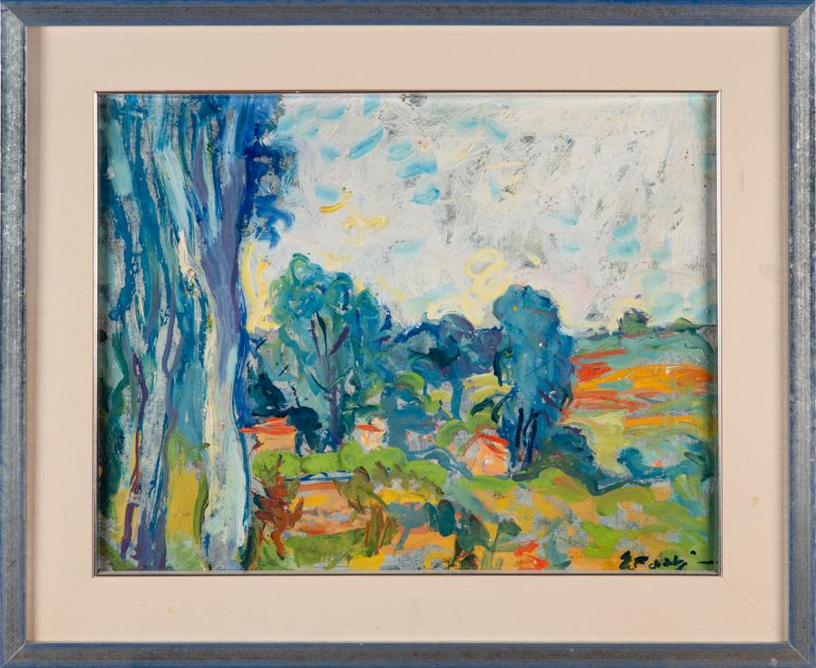 Pozzi, Verso il quercetino. 1954.: Ennio Pozzi , Verso il quercetino. 1954. Olio su tela. cm 40x50. Firmato in basso a destra. Firmato, datato, titolato e dedicato al verso.