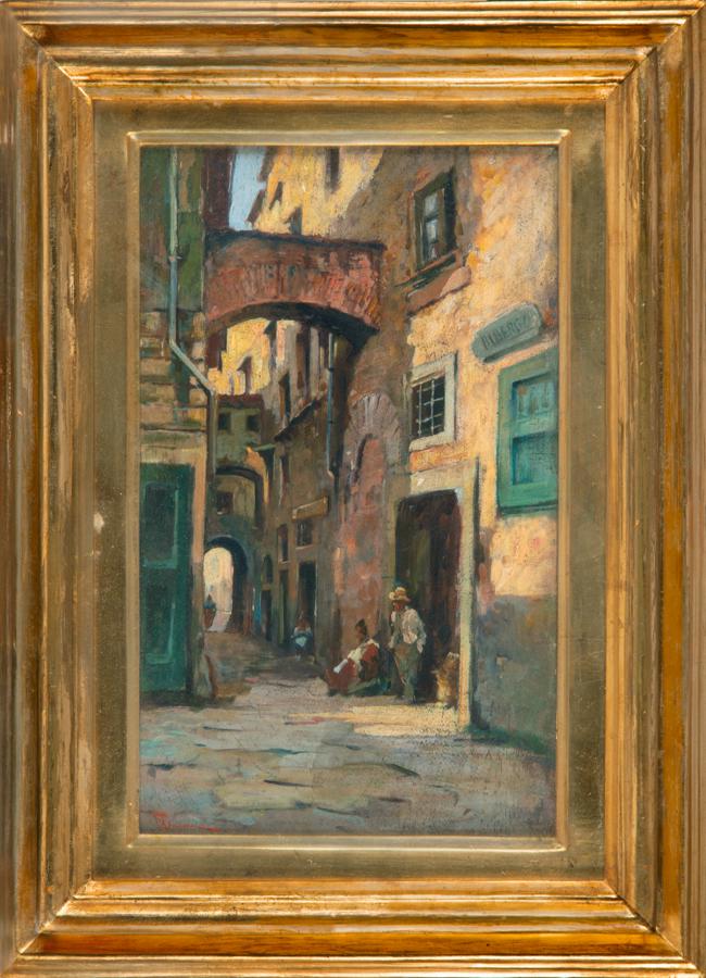 Signorini [attribuito a], Piazza S. Andrea.: Telemaco Signorini [attribuito a], Piazza S. Andrea. Olio su tavola. cm 34x21. In basso a sinistra iscritto "TSignorini". Al verso Ã¨ titolato, iscritto e presenta la targhetta della Galleria Pe