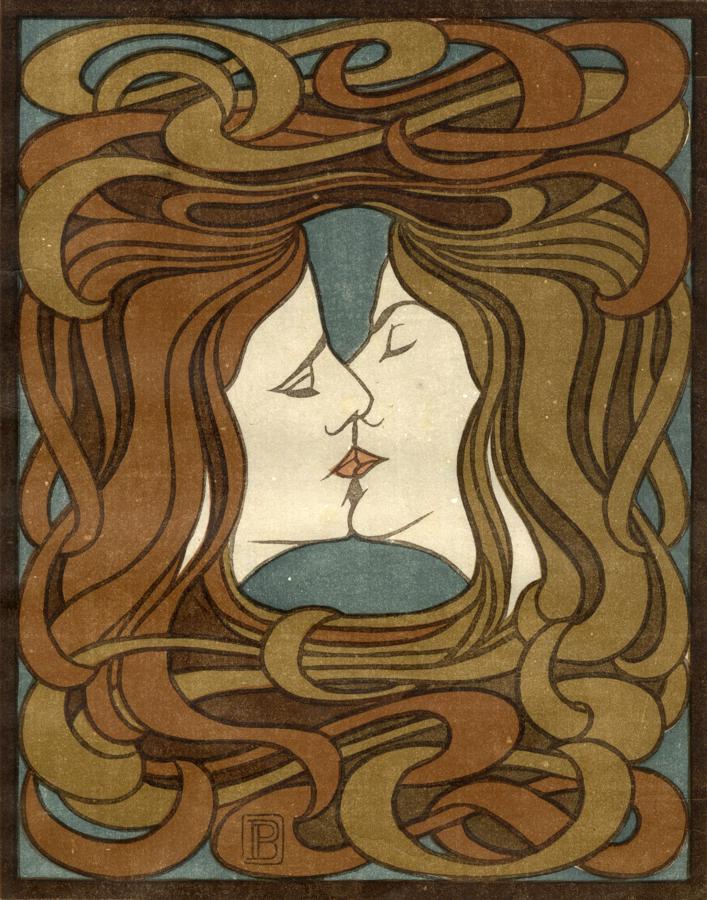 Behrens, Der Kuss (Il bacio). 1898.: Peter Behrens , Der Kuss (Il bacio). 1898. Xilografia a sei colori. mm 270x214. Foglio: 370x280. Impressione su carta Japon leggera. Titolo tipografico in basso a sinistra: "Peter Behrens, Sechsfarbi