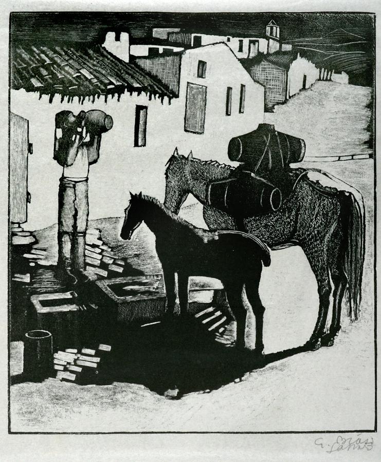 Biasi, All: Giuseppe Biasi , All'abbeveratoio. 1934 ca. Linoleografia su velina.mm 345x300. Foglio: mm 520x440. Firmata a matita in basso a destra "G. Biasi - Sassari". Opera pubblicata in Giuseppe Biasi, La col