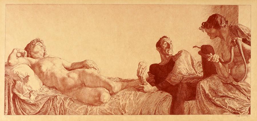 Greiner, Eva, Teufel und SÃ¼nde. 1898.: Otto Greiner , Eva, Teufel und SÃ¼nde (Eva, il diavolo e il peccato). 1898. Litografia a penna in inchiostro sanguigna. mm 215x480. Floglio: mm 495x685. Vogel 71. Firmata e datata a rovescio nella