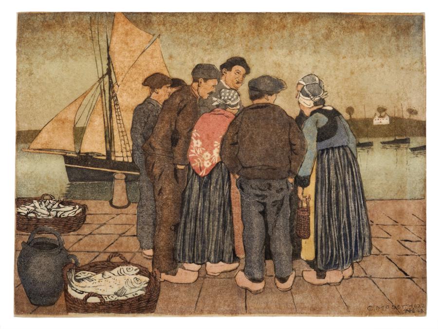 Moser, Mercato di pesce. 1932.: Carl Moser , Mercato di pesce. 1932. Xilografia a colori su carta Japon. mm 440x585. Firmata e datata in basso a destra.
