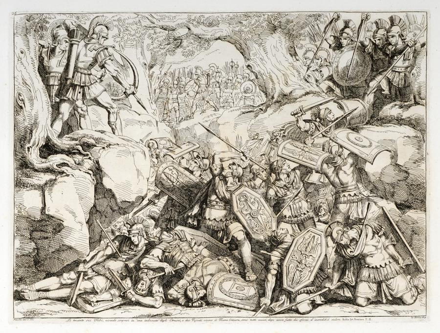 Pinelli, Lotto di 12 tavole dall: Bartolomeo Pinelli , Lotto di 12 tavole dall'Historia Romana. 1819. 12 incisioni ad acquaforte mm 315x430. Fogli: mm 460x520 cad. Tratte da Historia Romana / incisa all'acquaforte / da Bartolomeo Pin