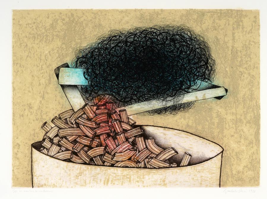 Pozzi, Lotto composto di 3 incisioni. 1973-73.: Giancarlo Pozzi (1938 ), Lotto composto di 3 incisioni. 1973-73. 1) La marchesa de maccheronis. 1973. Acquatinta. mm 358x495. Foglio: mm 505x710. Firmata e datata a matita in basso a destra e titolat