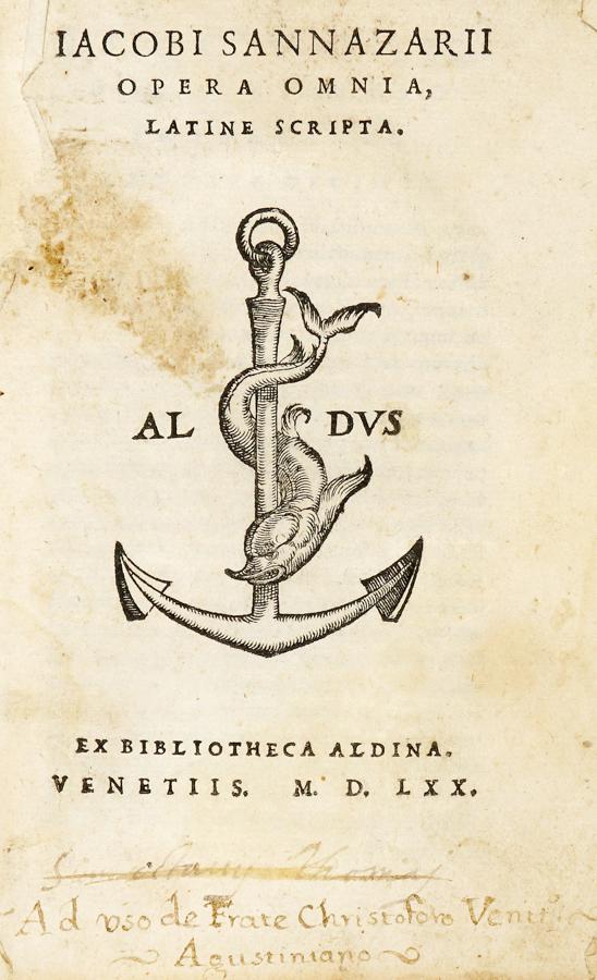 Sannazaro, Opera omnia, latine scripta. 1570: Sannazaro Jacopo ,'Opera omnia, latine scripta. Venetiis: ex Bibliotheca Aldina, 1570. In-8Â° (mm 149x100). Carte 104. Marca aldina al frontespizio e in fine. Frontespizio parzialmente staccato, con