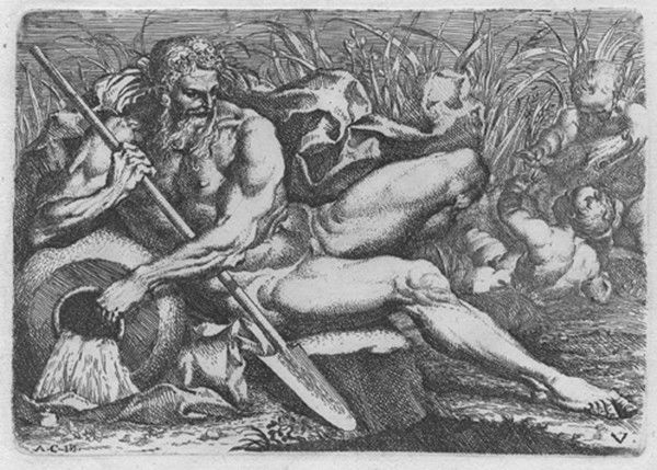 Old master print Etching: Marcantonio Bellavia (attivo a Roma prima metà del XVII secolo). Due divinità fluviali. Due acqueforti da Annibale Carracci. Divinità fluviale che tiene un remo nella mano destra. mm 120x171. TIB 4